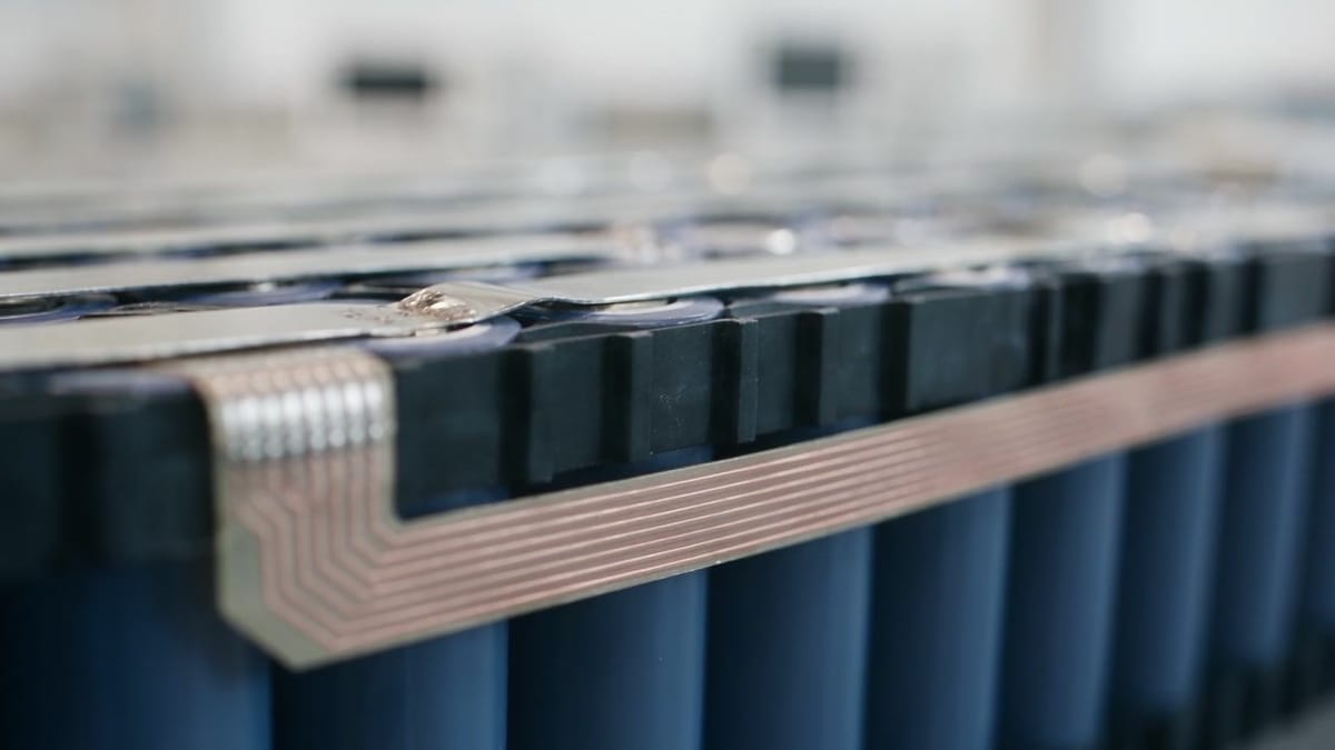 Lithium-ion battery module with welded nickel strips on a lab bench
