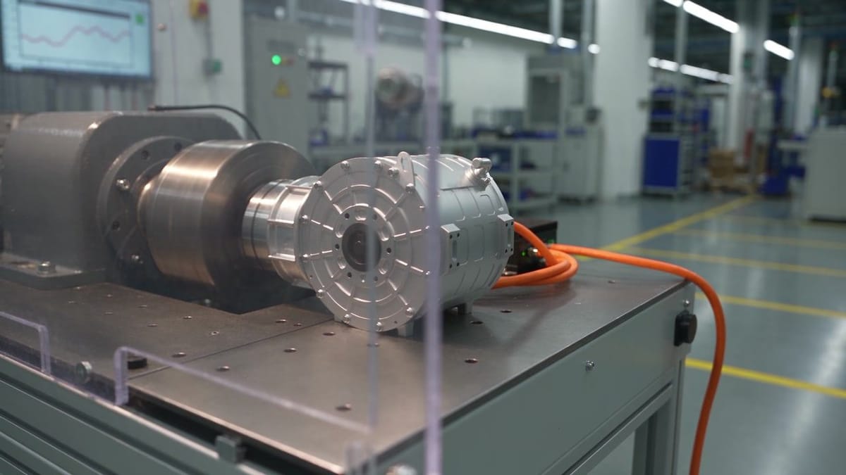 Electric motor running on a test bench beside its controller