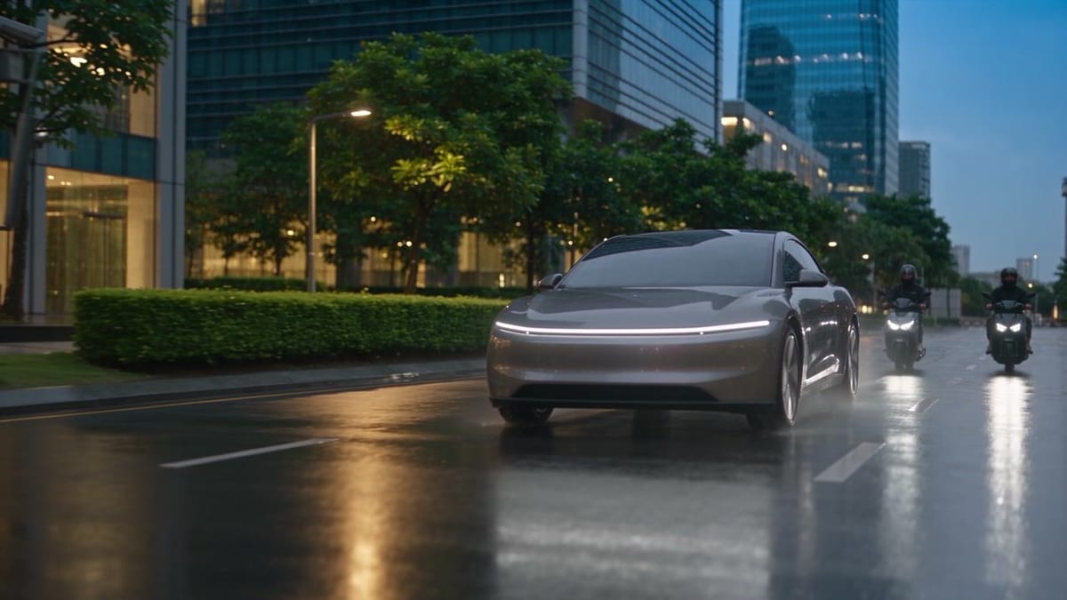 Electric car driving along a wet city street at dusk