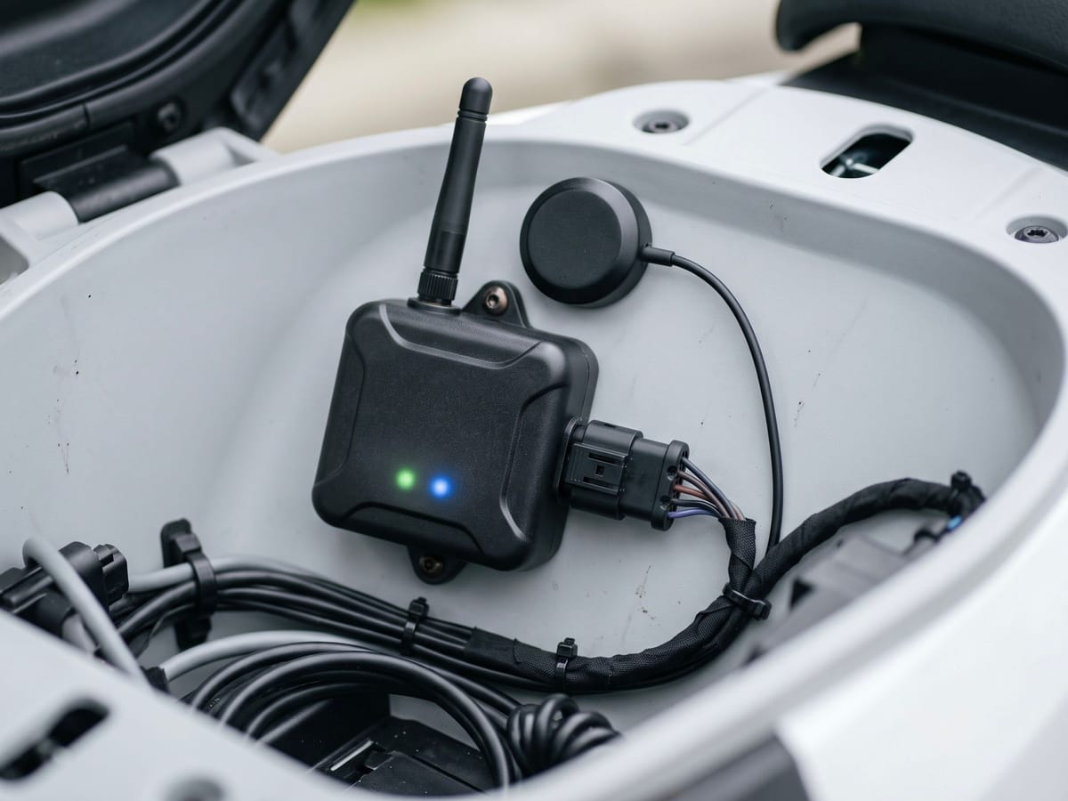 HILMIL telematics unit with GPS and cellular antennas installed in a scooter