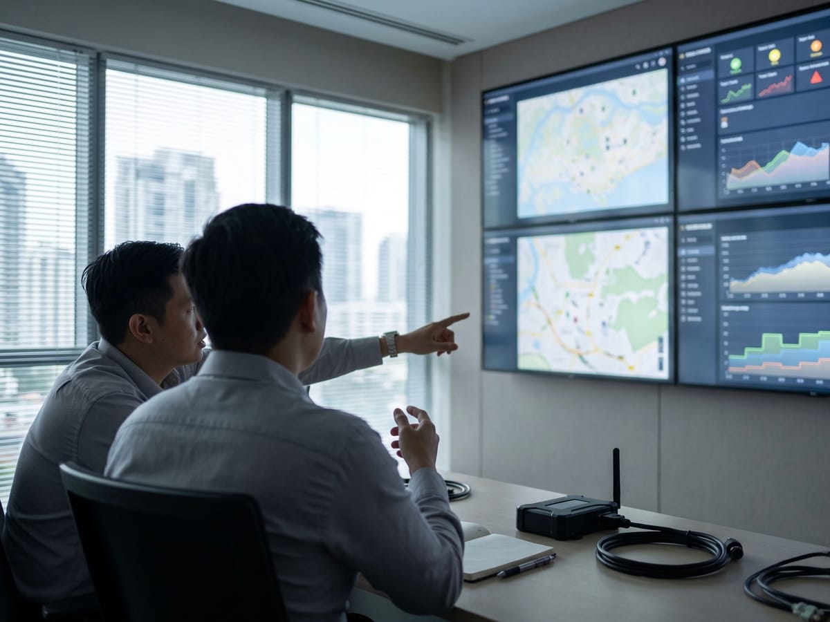 Analysts reviewing fleet telematics data on screens