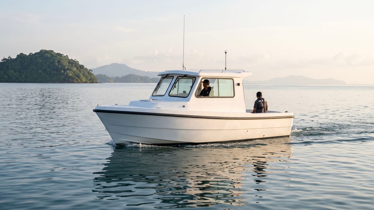 Electric boat on a sea trial in calm coastal water