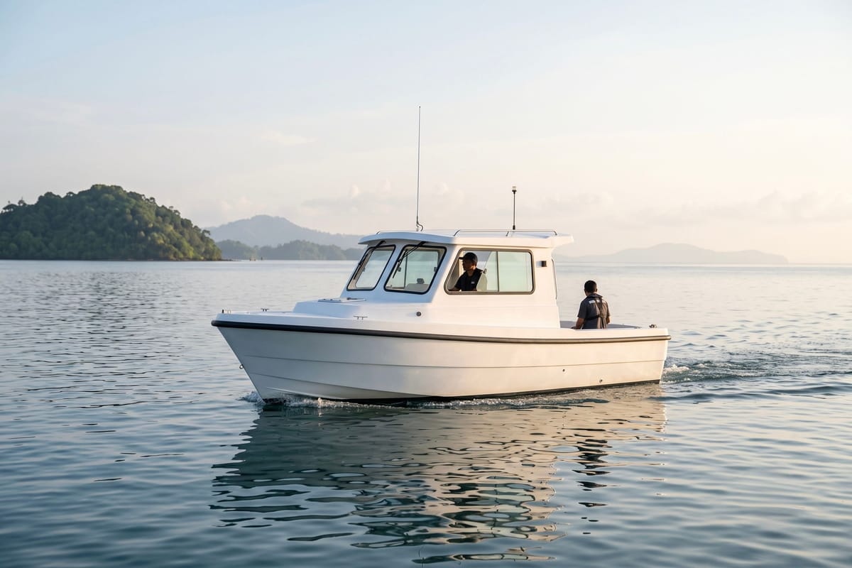 Electric boat on a sea trial in calm coastal water