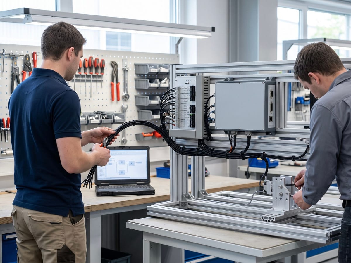 Engineers building a custom test rig with data-acquisition wiring