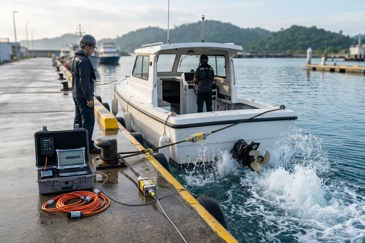 Electric workboat moored at a jetty during a bollard pull test